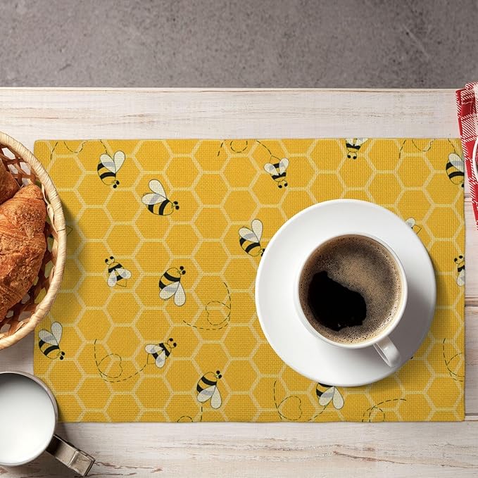 Mustard Yellow Placemats Set of 4 Cute Honey Bee Summer Decor Place Mats 12x18 Inch Honeycomb Seasonal Holiday Decorative Linen Table Mats for Home Kitchen Dining Party Table Decoration