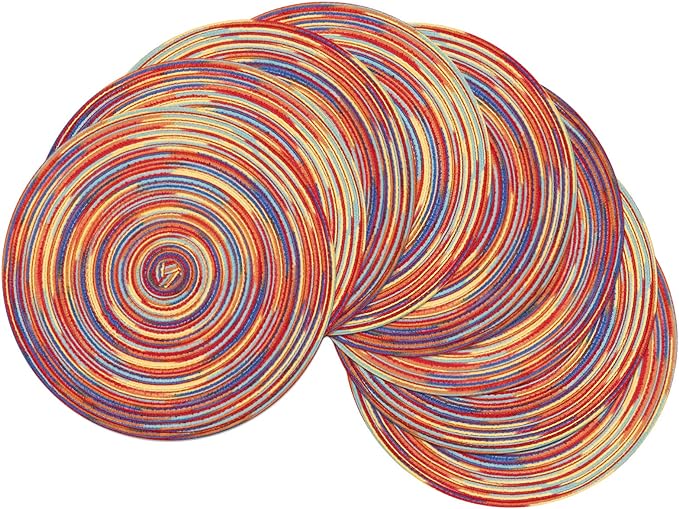 SHACOS Round Braided Placemats Set of 8 Washable 15 inch Round Table Mats Colorful Variegated Woven Place Mats for Dining Table (Rainbow Red, 8)