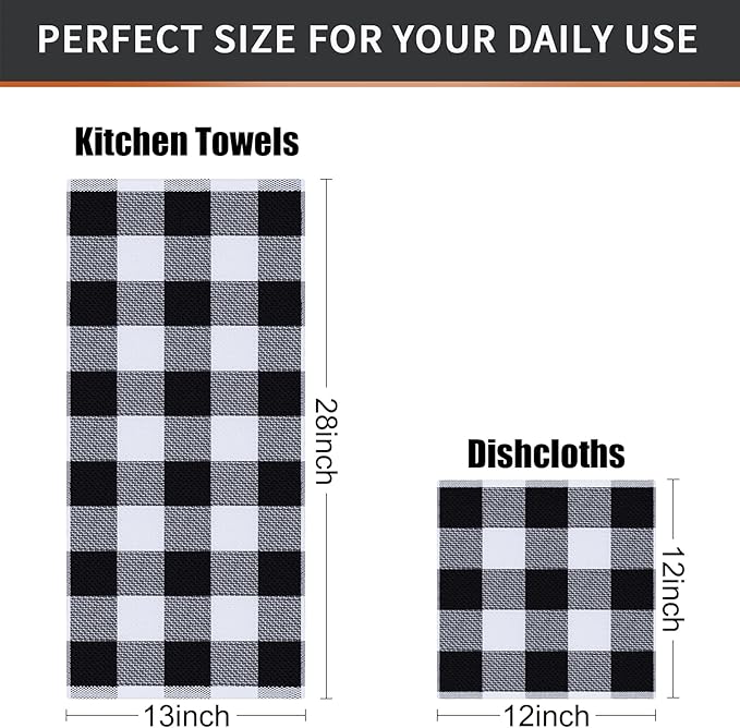 Mordimy Kitchen Towels and Dish Cloths Set, 28 X 13 Inch and 12 X 12 Inch, Set of 8 Soft and Super Absorbent Dish Towels for Drying Dishes, Black & White