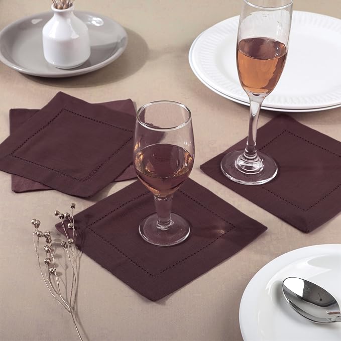 FINGERCRAFT Cocktail Napkins 6 x 6 Inch Premium Quality Cotton, Generous Hemstitch and Mitered Corner Set of 12 Coaster Cloth Chocolate