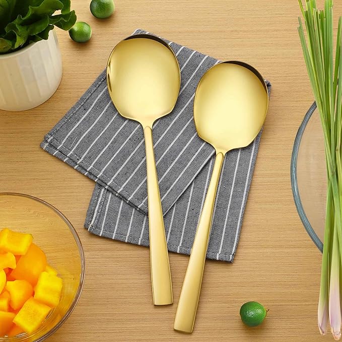 Extra Large Serving Spoons Set 11.7-Inch Gold Serving Utensils 18/8 Stainless Steel Big Metal Spoons for Buffet, Parties, Catering, Banquet - Dishwasher Safe (2-Pack, Gold)