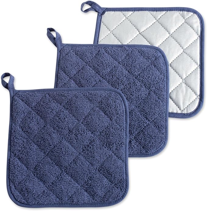 DII Basic Terry Collection Quilted 100% Cotton, Potholder, French Blue, 3 Piece