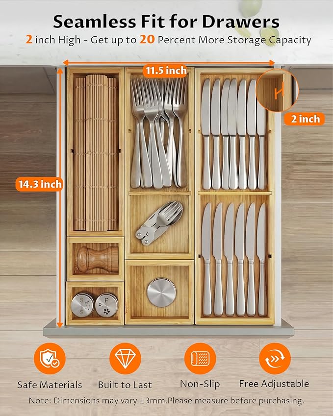 12 Compartments Silverware Drawer Organizer, 6 Piece Bamboo Utensil Tray Set for Kitchen Spoons Forks Knives, Adjustable Cutlery Holder with Removable Dividers for Flatware, Bedroom & Living Room