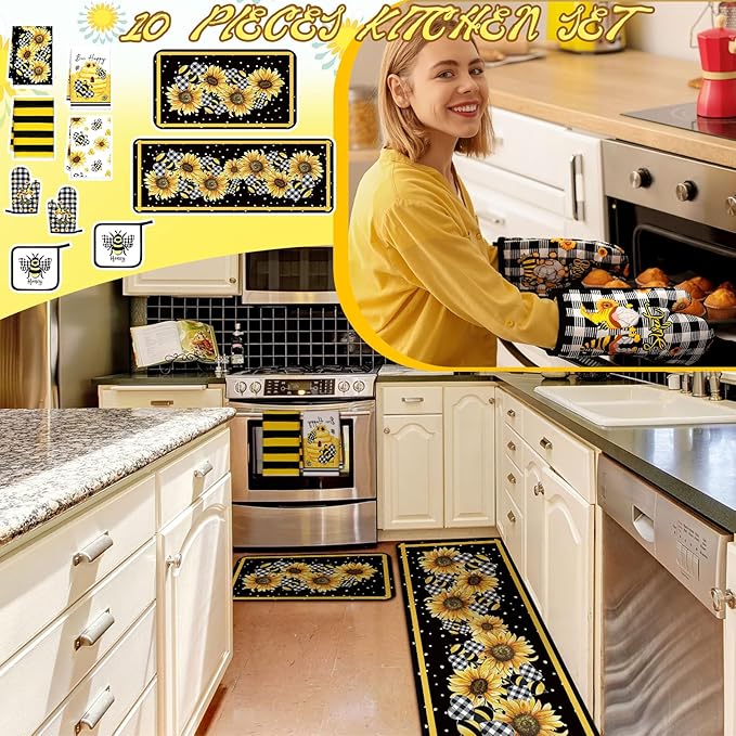 Fourluoo 10 Pcs Bee Kitchen Decor Sunflower Oven Mitts and Pot Holders Set Yellow Bee Dish Towels Rugs Mats Buffalo Plaid Kitchen Accessories for Chef Baking Cooking Grilling BBQ Women Home Gift