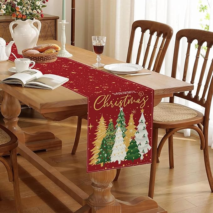 Christmas Decorations - Merry Christmas Table Runner 13x72 Inch,Xmas Trees Snowflakes Table Runner for Holiday Seasonal Winter Decoration Indoor Outdoor Party