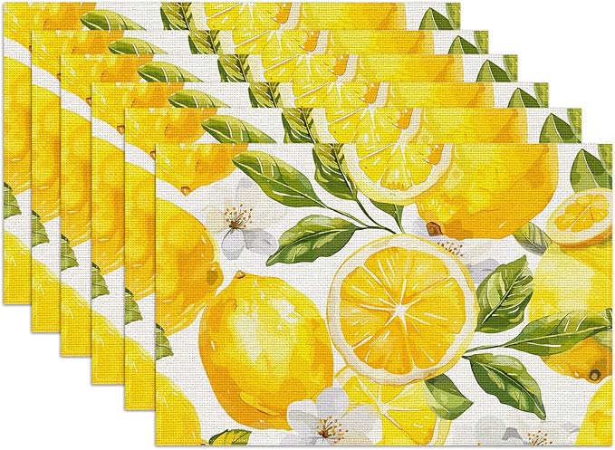 Watercolor Lemon White Flower Placemats Set of 6, Linen Place Mat Washable Stain Resistant Table Mats for Farmhouse Kitchen Dining Party Wedding Decor 12x18 Inch