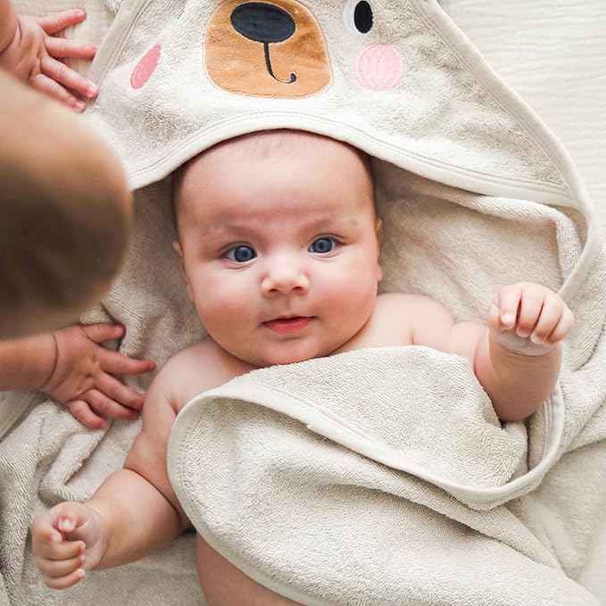 CuddleBug Premium Hooded Baby Bath Towel & Washcloth Set (Bear) - 100% Cotton Terrycloth Hooded Baby Towels for Newborn & Toddler - Super-Soft & Absorbent, Newborn Essentials (33" x 33") - Honey Beige