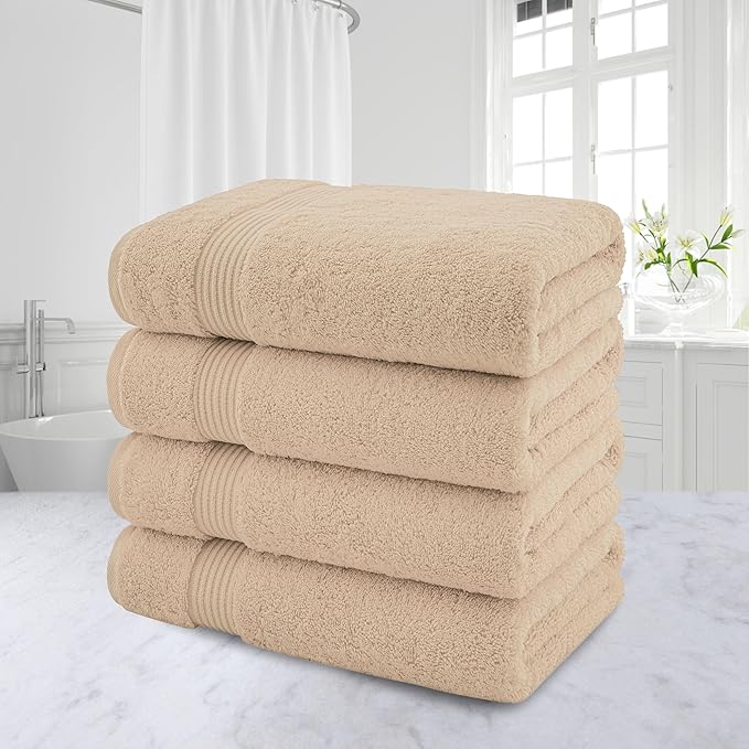 American Veteran Towel, Turkish Bath Towels for Bathroom 4 Pack, 27x54 Extra Large Premium Soft Drying Bathroom Towels, Beige