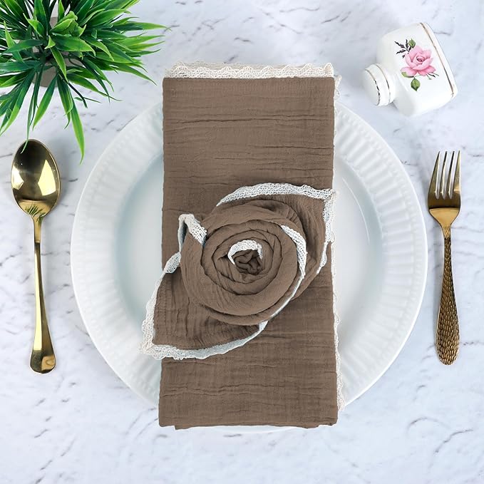 FINGERCRAFT Dinner Cloth Napkin Cotton Muslin Double Gauze 4 Pack with Classic Lace for Everyday Use, Wedding, Party, Christmas, Easter Napkins Cloth are Pre Shrunk and Good Absorbency Taupe