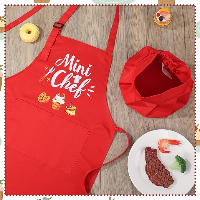 Kids Apron and Chef Hat Set, “Mini Chef” Funny Apron Adjustable Kitchen Apron for Boys and Girls