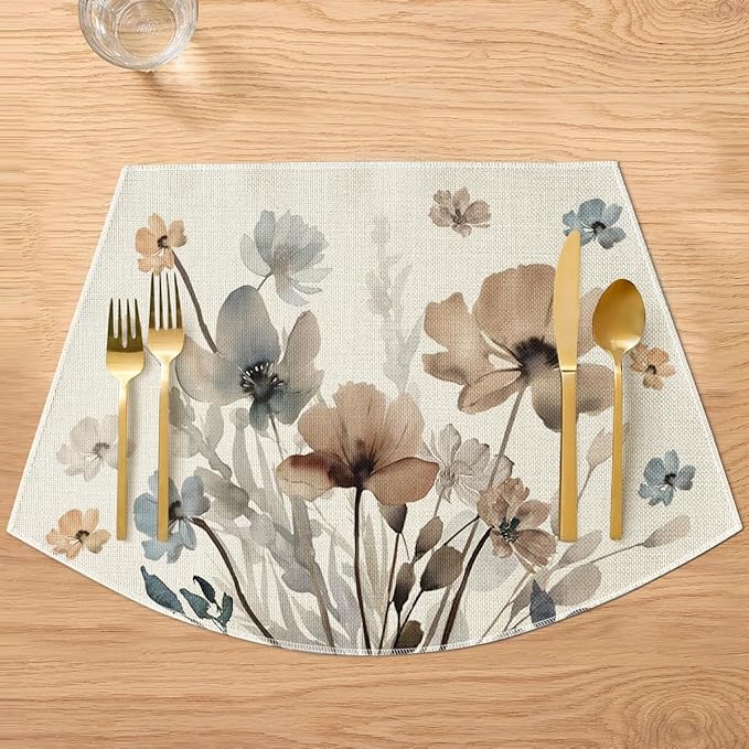 Artoid Mode Brown Poppy Floral Round Table Wedge Placemats Set of 4, Seasonal Kitchen Dining Table Decoration for Indoor Party Home