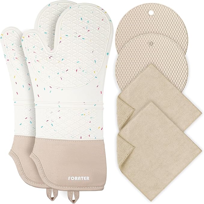 Extra Long Oven Mitts and Potholders 6Pcs Set, 500°F Heat Resistant Kitchen Oven Gloves 15'' Oven Mitts with Non-Slip Silicone Surface Soft Cotton Lining for Cooking, Baking and Grilling - Milky White