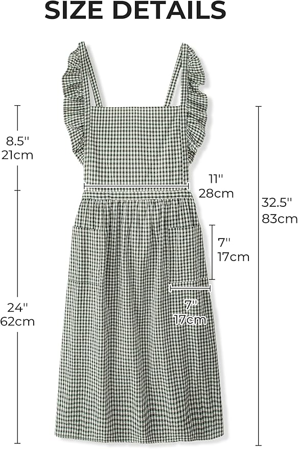 Vintage Gingham Apron for Women, Ruffle Straps, 2 Pockets, Soft Cotton, Apron Dress Style for Cooking & Baking