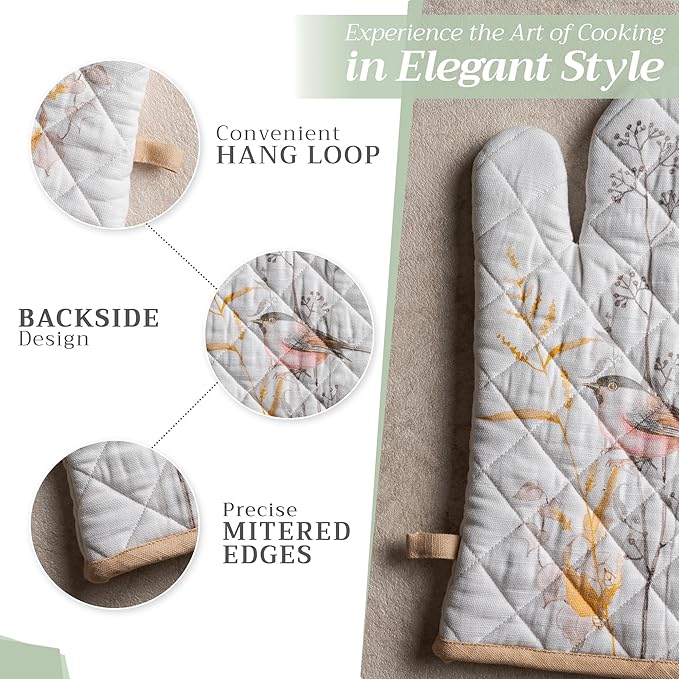 Maison d' Hermine 100% Cotton Oven Mitt & Pot Holder Set (7.5"x13" & 8"x8") Heat Resistant BBQ Cooking Gloves with Loop Baking Kitchen Gifts for Mothers Day Spring/Summer (Meadow Florals - Beige)