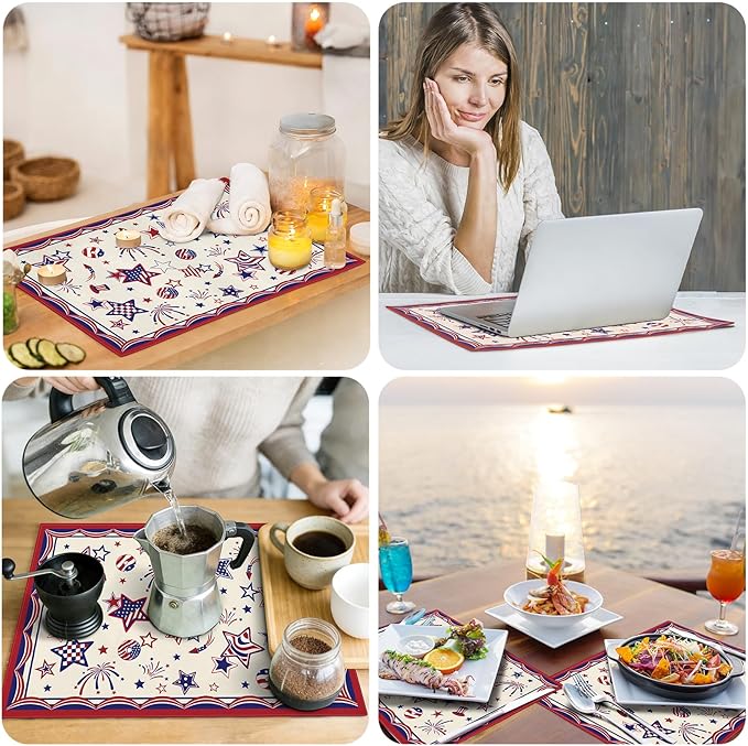 comfoyar America Stars 4th of July Placemats Set of 4, 12x18 Inch Non-Slip Linen Independence Day Place Mats, Washable Absorbent Table Mats for Kitchen Dining Party Table Decoration