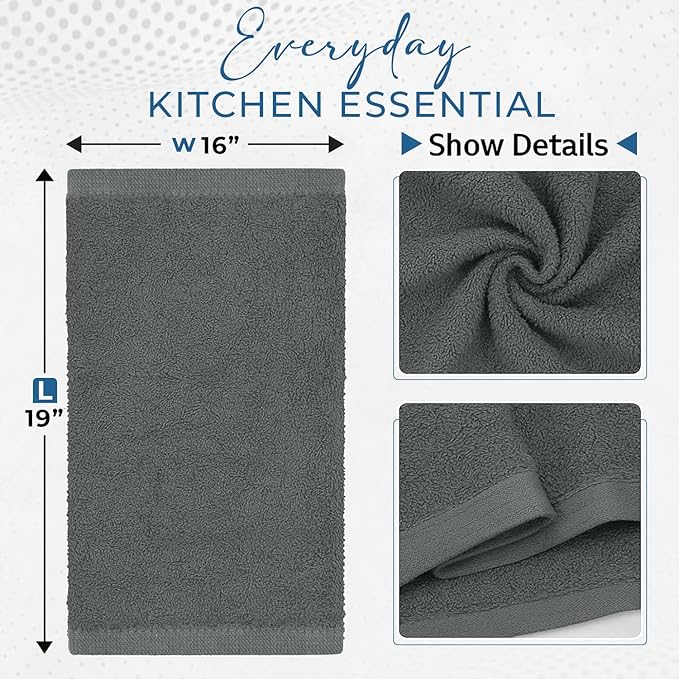 DAN RIVER Kitchen Bar Mops,Pack of 12,16 by 19 Inches,100% Cotton Super Absorbent,Multi-Purpose Cleaning Towels for Home and Kitchen Bars-Grey