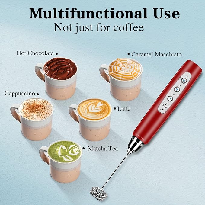 BSRGMS Milk Frother Handheld for Coffee, Electric Whisk 3 Speed Adjustable, Drink Mixer with Stainless 3 Whisks, Rechargeable Hand Frother Wand, Foam Maker for Latte Cappuccino Hot Chocolate Egg Red