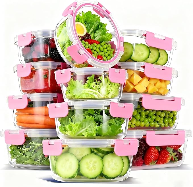 12 Pack Glass Meal Prep Food Storage Containers with Lids Airtight Stackable, Microwave, Oven, Freezer and Dishwasher Safe(Pink)