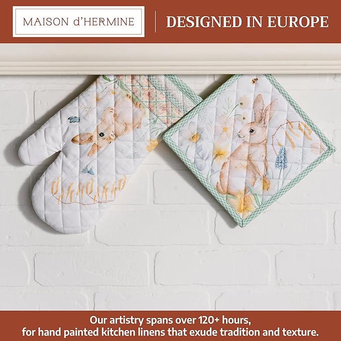 Maison d' Hermine 100% Cotton Oven Mitt & Pot Holder Set (7.5"x13" & 8"x8") Heat Resistant BBQ Cooking Gloves with Loop Baking Grilling Kitchen Gifts for Mothers Day Spring/Summer (Easter Dew)