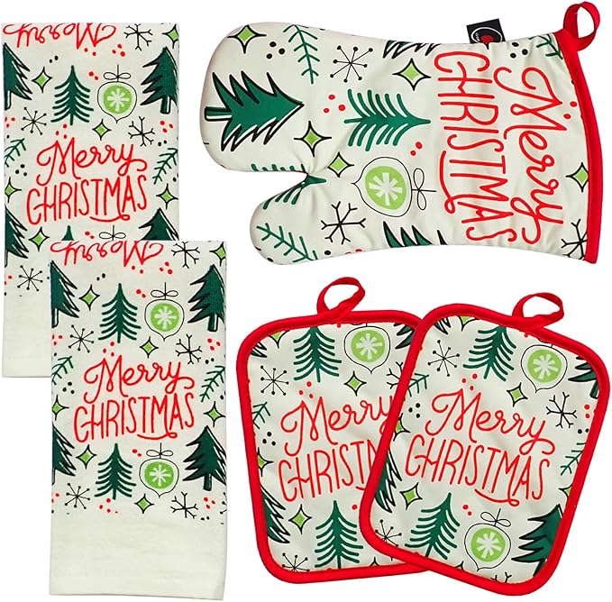 Oven Mitts and Potholders Dish Towles Set 100% Cotton for Perfect for Gifting, Baking and Everyday Cooking Durable Heat Resistant for Kitchen (5-Piece Merry Christmas)