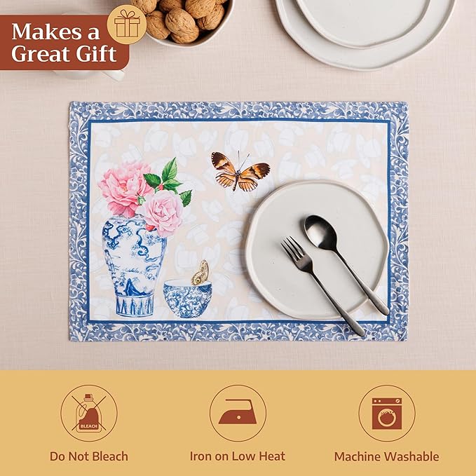 Maison d' Hermine Placemats Set of 4 100% Cotton Washable Cloth Place Mats Reusable Table Mats for Kitchen Dining Party Wedding Gifts for Mothers Day Spring/Summer (Canton, 13" x 19")