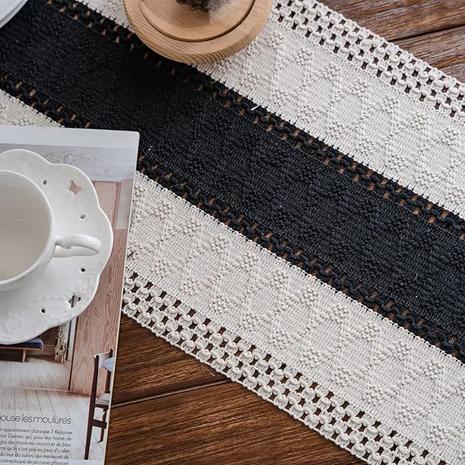 Alynsehom Macrame Table Runner Cream Beige and Black Boho Table Runners with Tassels Hand Woven Cotton Table Runner Rustic Farmhouse Table Runners for Bohemian Kitchen Dining Table(12x48in)