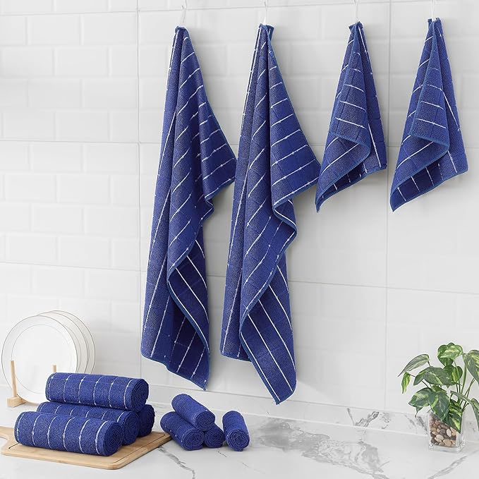 Homaxy Microfiber Kitchen Towels and Dishcloths Set, 12 Pack Soft and Absorbent Dish Hand Towels Bulk, 28 x 16 Inch & 12 x 12 Inch Quick Drying Rags for Washing Dishes, Navy Blue