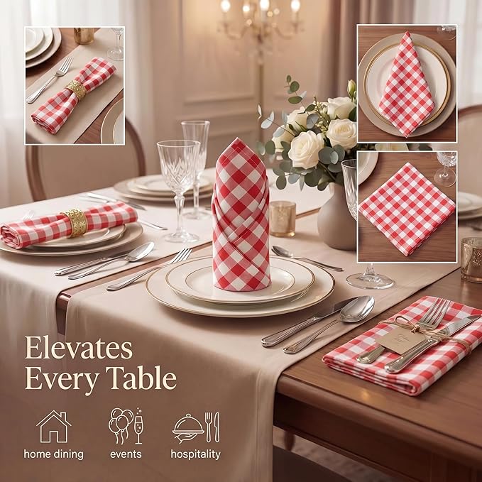 Urban Villa Cloth Napkins Set of 12 20x20 Inches 100% Cotton Napkins Cloth Washable Durable Reusable Absorbent Table Dinner Napkins Cloth for Farmhouse Party Hotel Lunch Restaurant Napkins - Red White