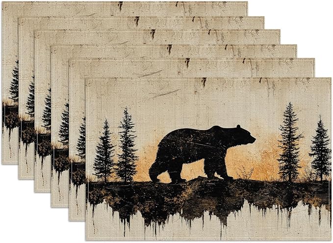 Retro Bear Pine Tree Placemats Set of 6, Vintage Washable Linen Place Mat Heat Resistant Non Slip Kitchen Dining Table Mats 12x18 Inch
