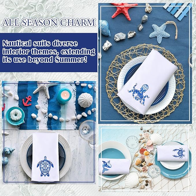 HunnmingRe 12 Pcs Nautical Cloth Napkins Bulks 100% Cotton Summer Blue Fabric Cocktail Napkins Tortoise Crab Octopus Whale Embroidered Handtowel Reusable Washable for Kitchen Weddings 17x17inch