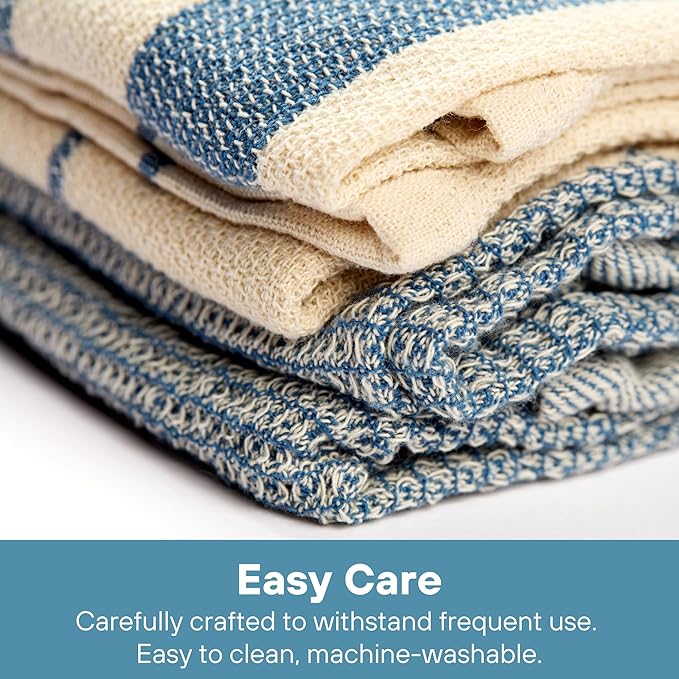 MEEMA Upcycled Spring Kitchen Towels Cotton Fabric | Super Absorbent Hand Towels with Hanging Loop | Cleaning Rags and Dish Towels for Kitchen | Blue Stripes | Large 18 x 28 Inch | 4-Pack