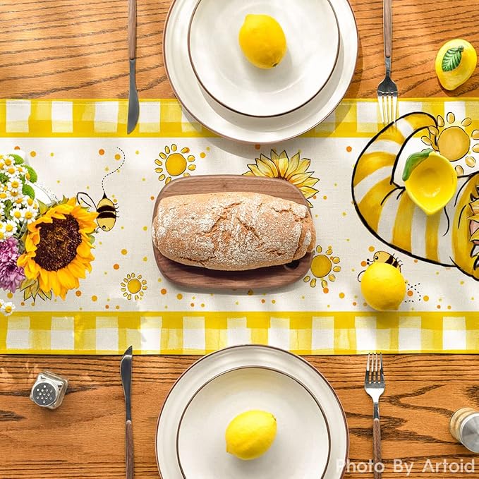 Artoid Mode Yellow Buffalo Plaid Sunflower Gnome Bee Summer Table Runner, Spring Kitchen Dining Table Decoration for Home Party Decor 13x72 Inch