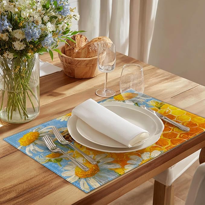 HOMETITUTE Placemats Set of 4 12x18 inch Spring Table Mats for Dining Table Honeycomb Bee Linen Placemats Farmhouse Decorations Kitchen Decor Desk Mat for Outdoor Home Party Kitchen Seasonal Dining