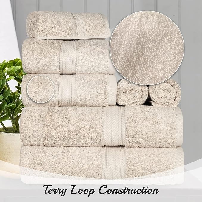 SUPERIOR Egyptian Cotton Pile 10 Piece Towel Set, Includes 2 Bath, 4 Hand, 4 Face Towels/Washcloths, Ultra Soft Luxury Towels, Thick Plush Essentials, Guest Bath, Spa, Hotel Bathroom, Cream