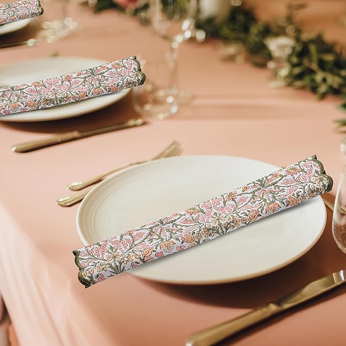 Ridhi Hand Block Print Sassy Salmon Pink 18" x 18" (Set of 4) Embroidery Table Napkins Reusable Cotton Dinner Napkins for Weddings, Parties, Everyday Dining Gift for Spring, Easter, Valentine