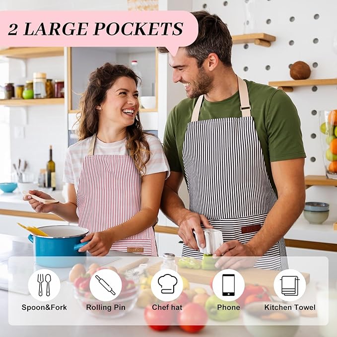 2Pack Adjustable Kitchen Apron for Women Men with 2 Pockets，Cotton-Polyester Blend Bib Aprons for Cooking,Baking