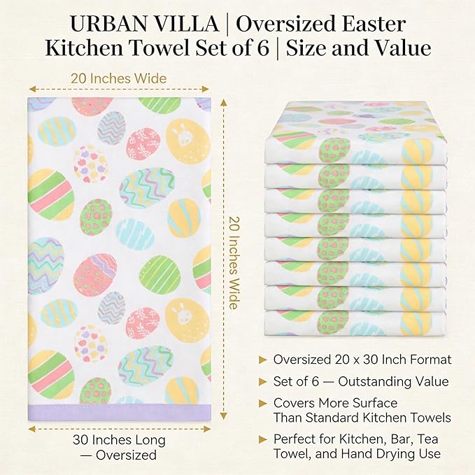 Urban Villa Kitchen Towels Set of 6 Dish Towels for Kitchen 100% Cotton Easter Print Kitchen Towels Mitered Corners Oversized 20X30 Inches Kitchen Towels Highly Absorbent Kitchen Hand Tea Towels