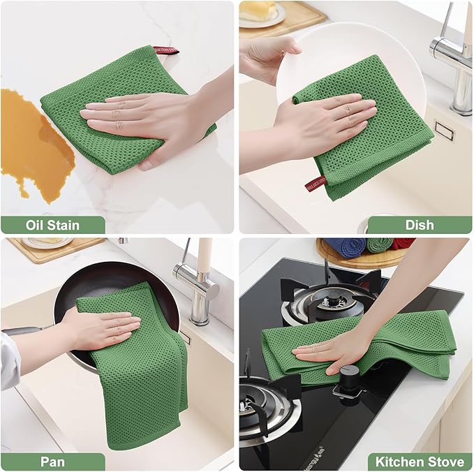 Homaxy 100% Cotton Kitchen Towels and Dishcloths Set, 12 x 12 Inches and 13 x 28 Inches, Set of 16 Bulk Kitchen Towels Set, Ultra Soft Absorbent Dish Cloths for Washing Dishes, Grass Green