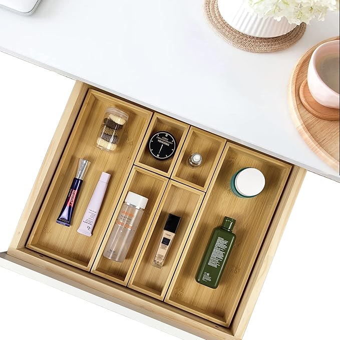 bamboo drawer organizer Set，expandable drawer dividers,wooden storage organizers,large trays for kitchen, bathroom,flatware,Tea Bag Organizer and office desk drawer (1)