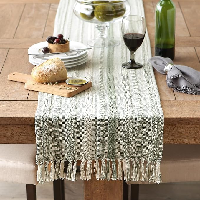 DII Farmhouse Braided Stripe Table Runner Collection, 15x72 (15x77, Fringe Included), Artichoke Green
