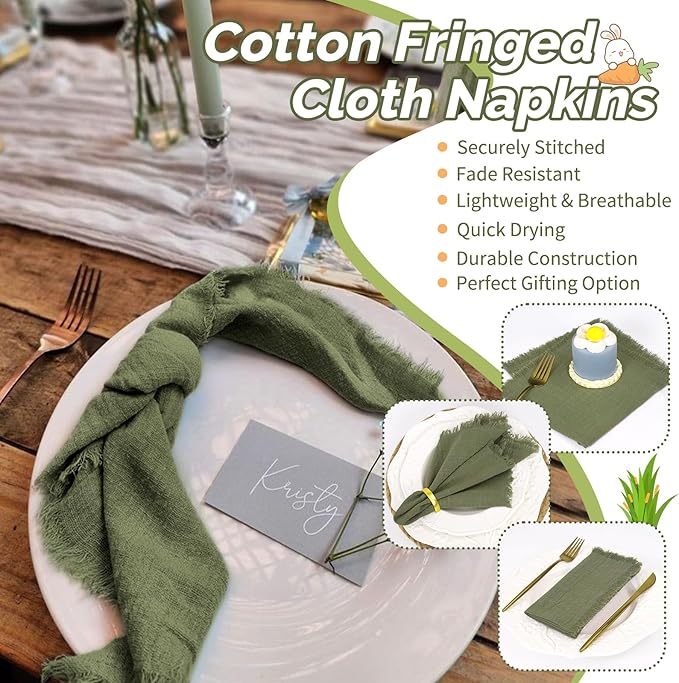 Showgeous 10 Pack Olive Green Cloth Napkins with Fringe 16x16 inch 100% Cotton Green Napkins Handmade Dinner Napkins Bulk Washable Soft Rustic Table Napkins for Wedding Parties Bridal Baby Shower