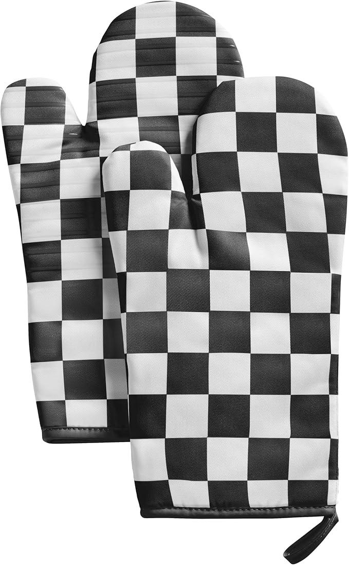 Ohocut Black and White Checkered Oven Mitts Heat Resistant, Vintage Retro Checkerboard Cute Oven Mitts, Non-Slip Silicone Kitchen Oven Gloves 1 Pair 7''x13''