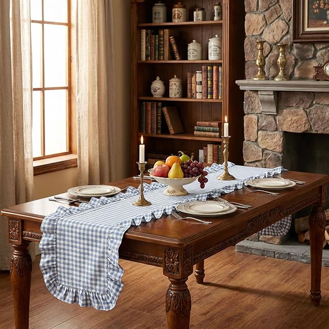 HunnmingRe 1 Pcs Blue Plaid Gingham Ruffle Table Runner 118 x 13.8'' Farmhouse Easter Table Runner 100% Cotton Scalloped Long Dresser Scarves for Dining Room, Wedding, Kitchen Rustic Home Decor