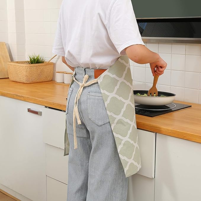 Tosewever 2 Pieces Cotton Linen Waterproof Bib Kitchen Apron with Pockets - Long Ties Adjustable Neck Strap - Unisex BBQ Cooking Drawing Crafting Aprons for Women Chef (Grey/Green, 2)