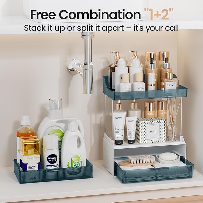 Delamu Bathroom Organizers and Storage, 2 Tier 2 Drawer Makeup Organizer Countertop, Easy to Install, Ideal for Bathroom Counter, Vanity, Ideal for Women Girls, Blue