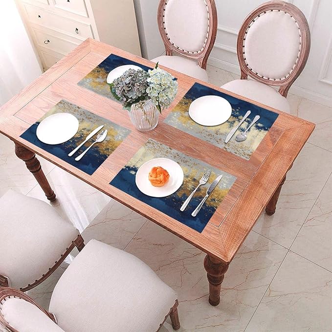 Navy Blue and Gold Splash Patterned Linen Placemats Set of 4, Washable Non-Slip Heat-Resistant Luxury Abstract Blue Gold Table Mats for Kitchen Dining Table Home Party Wedding Farmhouse, Home Decor