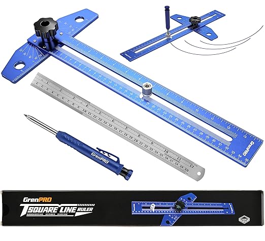 GRENPRO Woodworking Scriber Marking Line Ruler with Carpenter Pencil & Metal Ruler, Adjustable Aluminum Alloy Sliding T-Square Ruler, Measuring Angle Finder with Adjustment Scale,Drawing Aid Rule tool