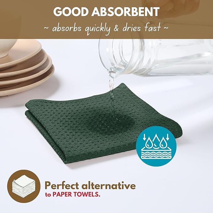 Native Fab 12 Pack Waffle Dish Cloths - 100% Cotton, Absorbent, Fast Drying, Reusable Towels for Cleaning, Cooking - Great for Everyday Use, Home, Restaurants, Bars & Cafes - 12" x 12" - Forest Green