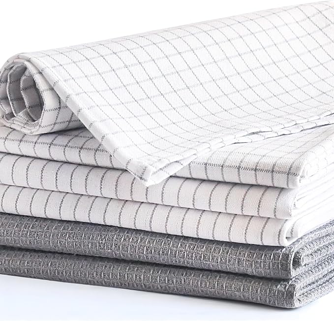 Highly Absorbent Cotton Kitchen Towels for Drying Dishes - Set of 6 Dish Towels - Narrow Light Gray Stripes Plaid Waffle Dishtowels - 18"X28" Large Lint Free Linen Tea Hand Bulk T Towls