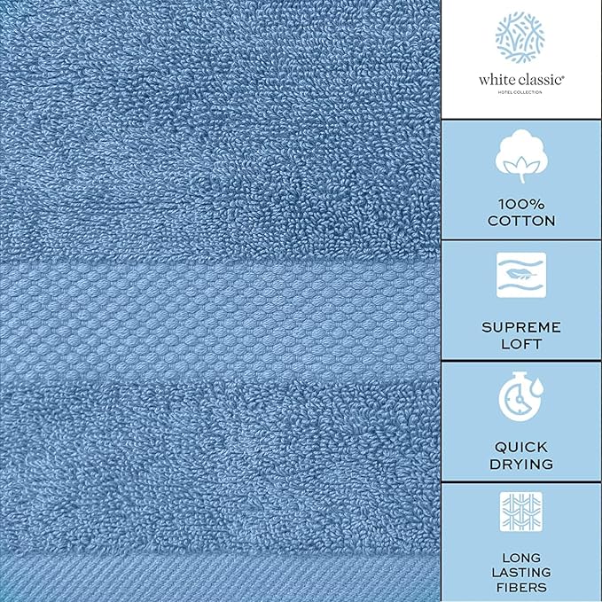 White Classic Luxury Light Blue Hand Towels - Soft 100% Turkish Cotton | Highly Absorbent Hotel spa Bathroom Towel Collection | 16x30 Inch | Set of 6